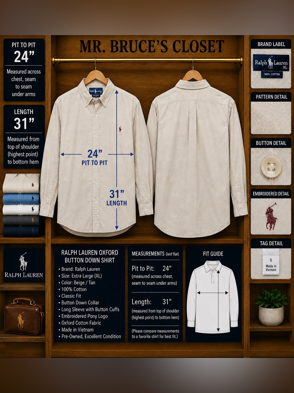 Ralph Lauren Beige/Tan Oxford Button-Down Shirt - Embroidered Pony